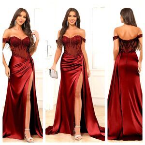 New Prom (18W) Burgundy Lace/Satin Sequin Off Shoulder Rouched High Slit Dress